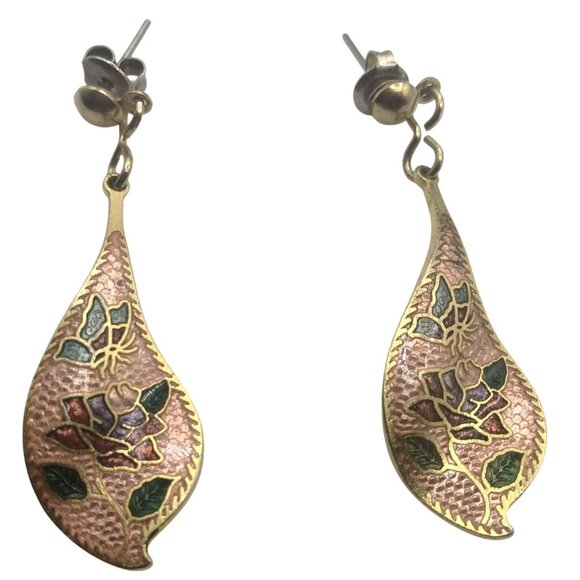 Vintage Floral Cloisonne Earrings Gold Tone Teardrop Post - Picture 1 of 6